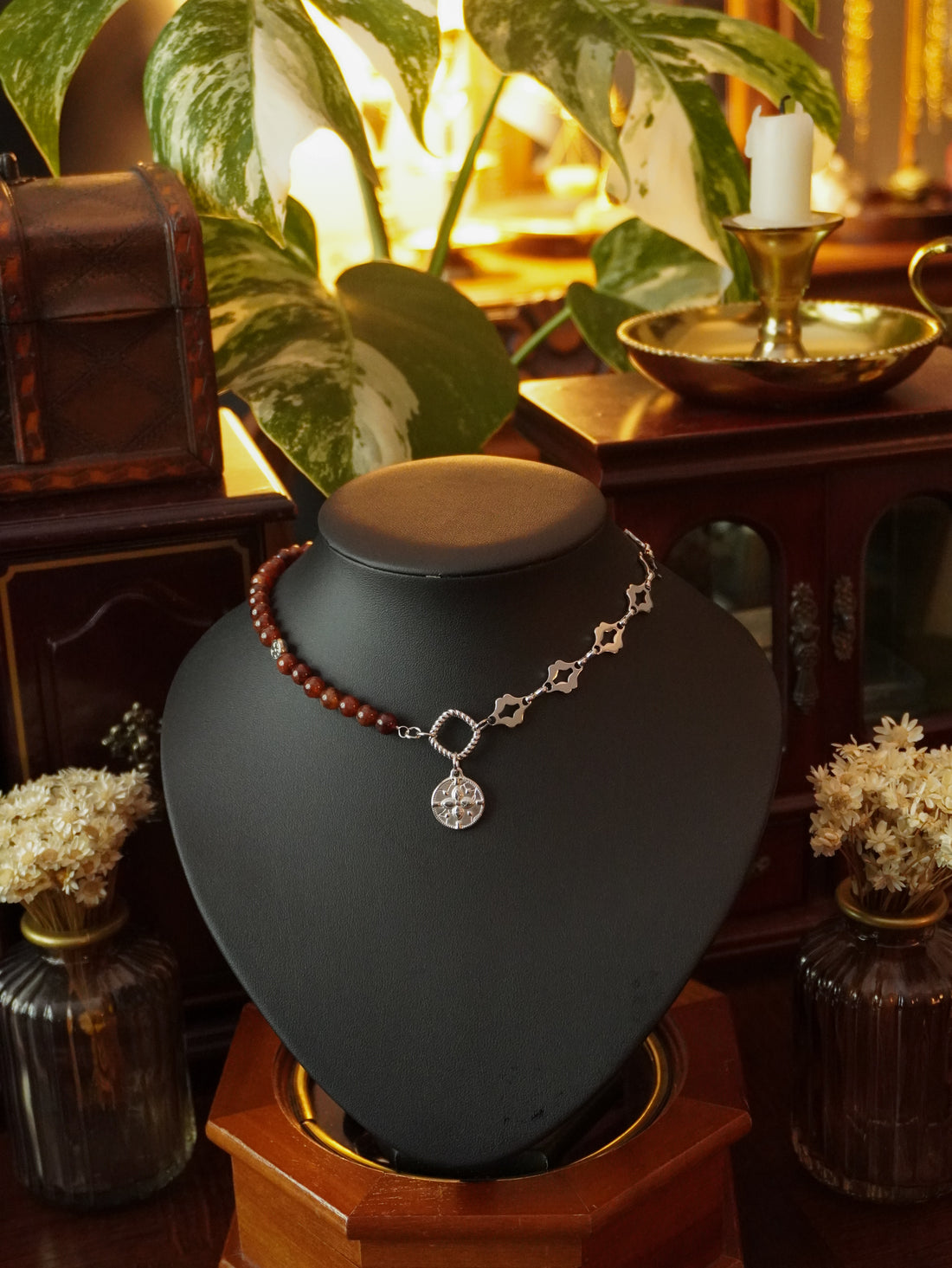Collier « Aurea Nox » 🏵️ • Argenté • Grenat hessonite