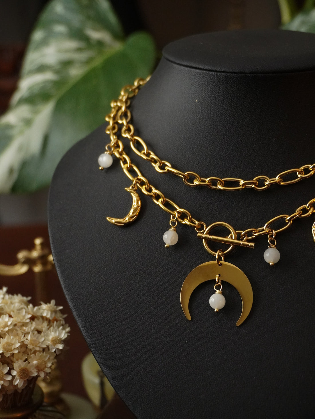 Collier « Triple Moon »🌛🌚🌜•Pierre de lune • Doré